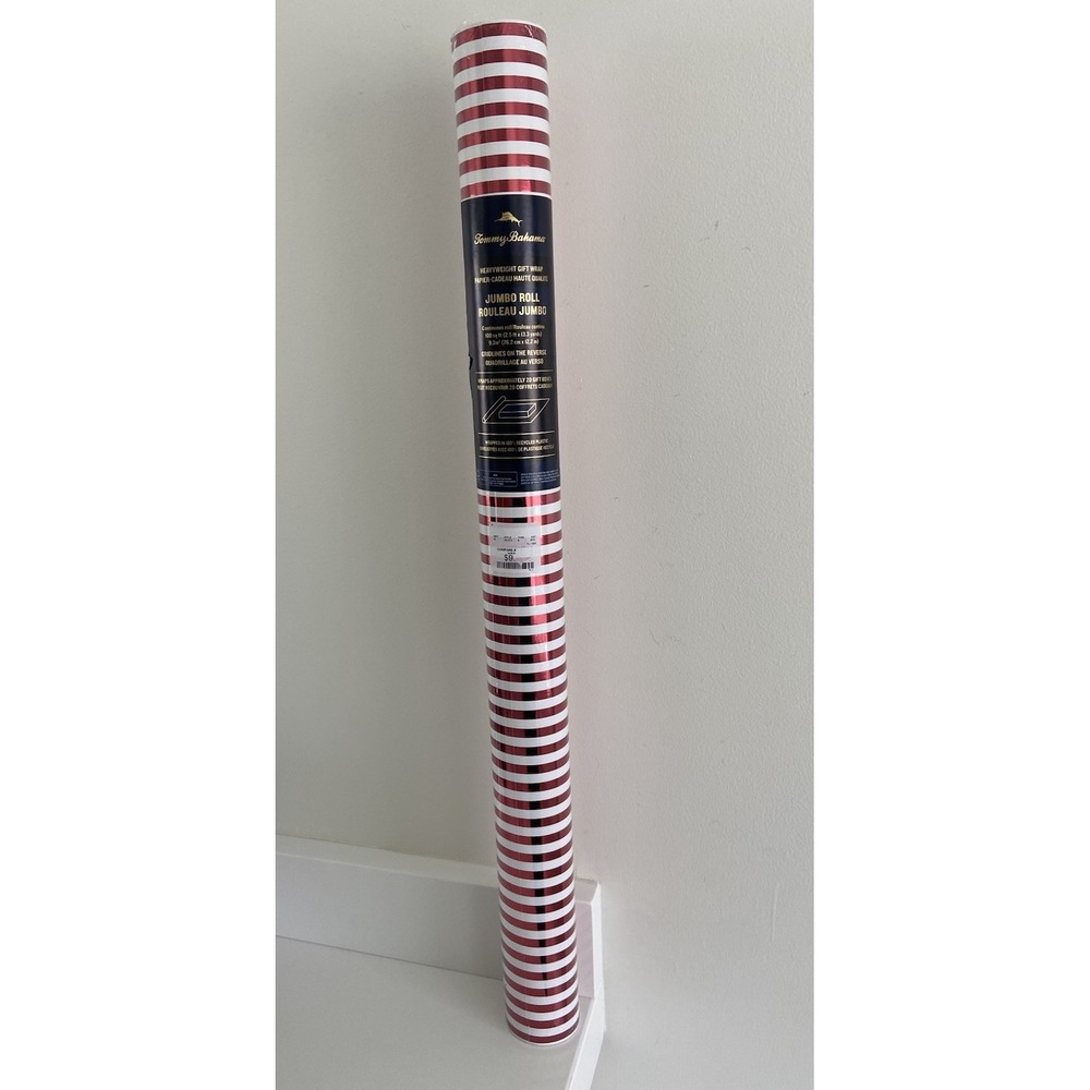 New Tommy Bahama Heavyweight Jumbo Christmas Red White Stripe Wrapping Paper Rol